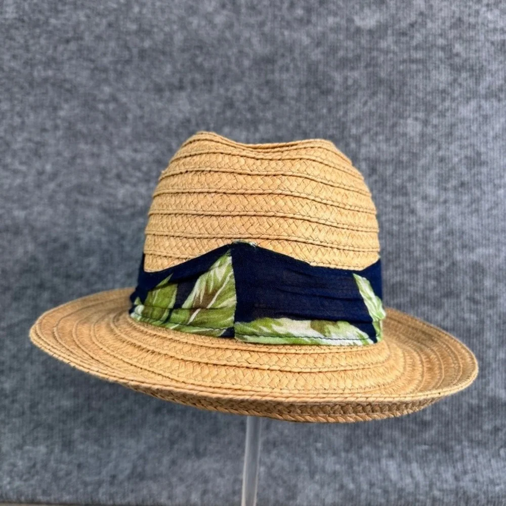 Ann Taylor Factory Straw Fedora Hat Tan Tropical Leaf Print Band Summer Sun Hat